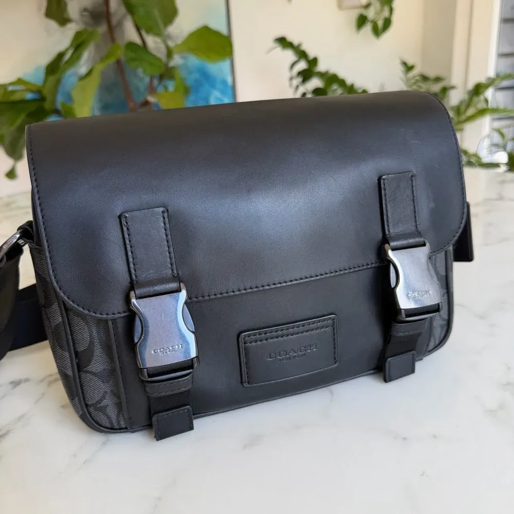Coach Track Crossbody In Signature Canvas & Leather Messenger Bag C3747 Black